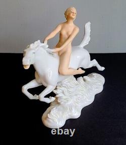 German Porcelain Figure Of Nude Woman On White Horse By Schaubach Kunst Art Deco