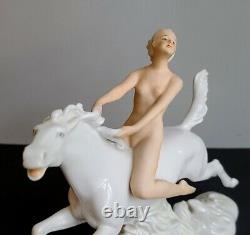 German Porcelain Figure Of Nude Woman On White Horse By Schaubach Kunst Art Deco