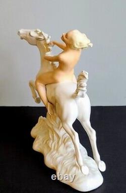 German Porcelain Figure Of Nude Woman On White Horse By Schaubach Kunst Art Deco