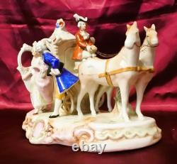 German Porcelain Figurine Two-Horse Drawn Carriage Scene Antique German Porcelain Figurine Two-Horse Drawn Carriage Scene Antique