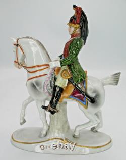 German Sitzendorf Porcelain Napoleonic Soldier & Horse Figurine Dragoon 1804