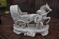 German vintage bisque porcelain statue vase horse chariot figurine