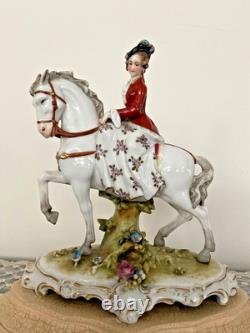 Germany Sitzendorf style Porcelain Lady on Horse Figurine, 18th Century Attire
