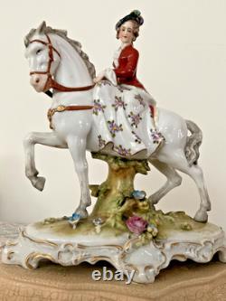 Germany Sitzendorf style Porcelain Lady on Horse Figurine, 18th Century Attire