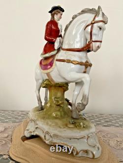 Germany Sitzendorf style Porcelain Lady on Horse Figurine, 18th Century Attire