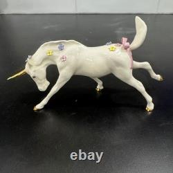 Hagen-Renaker Unicorn Figurine Collectors 6.75 White Floral Gold Bow Vintage