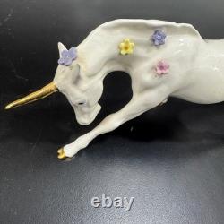 Hagen-Renaker Unicorn Figurine Collectors 6.75 White Floral Gold Bow Vintage
