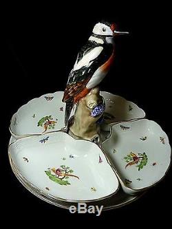 Herend Porcelain 5 Piece Hors d'Oeuvres Dish Woodpecker Figurine Gold Pheasants