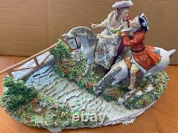 Huge Sitzendorf German Porcelain Couple Riding Horses Figurine Centerpiece