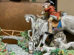 Huge Sitzendorf German Porcelain Couple Riding Horses Figurine Centerpiece