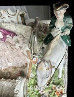 LARGE 14 Fabris Dresden Lace Porcelain Figurine Lady In Horse Carriage Coachmen