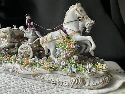 LARGE 14 Fabris Dresden Lace Porcelain Figurine Lady In Horse Carriage Coachmen