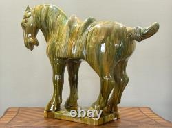 Large Ceramic Tang Dynasty Horse Statue, 21 Tall Asian Antique-Style Figurine