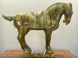 Large Ceramic Tang Dynasty Horse Statue, 21 Tall Asian Antique-Style Figurine
