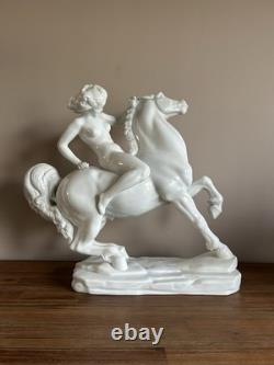 Large Herend XXL White Porcelain Figurine Amazon Nude Woman On Horse #15760