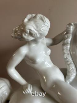 Large Herend XXL White Porcelain Figurine Amazon Nude Woman On Horse #15760