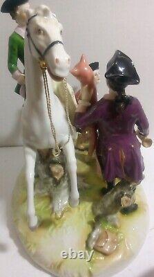 Large Late 19th C. Volkstedt-Rudolstadt Group The Fox Hunt Lady on Horse Marked
