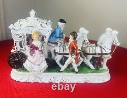 Large Vintage Porcelain Victorian Couple Figurine 4 Horse Drawn Carriage 1950s