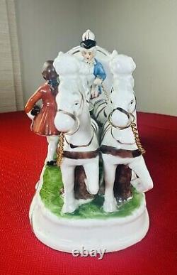 Large Vintage Porcelain Victorian Couple Figurine 4 Horse Drawn Carriage 1950s