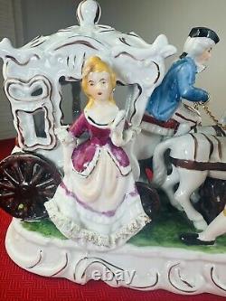 Large Vintage Porcelain Victorian Couple Figurine 4 Horse Drawn Carriage 1950s