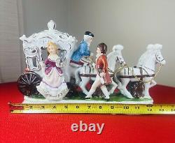 Large Vintage Porcelain Victorian Couple Figurine 4 Horse Drawn Carriage 1950s