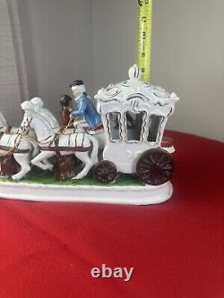 Large Vintage Porcelain Victorian Couple Figurine 4 Horse Drawn Carriage 1950s