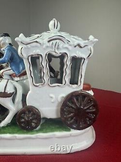 Large Vintage Porcelain Victorian Couple Figurine 4 Horse Drawn Carriage 1950s