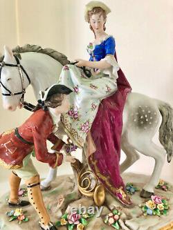 Large Vintage Sitzendorf German Lady on Horse Porcelain Figural Group