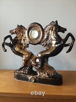 Lg MCM Vintage Mantel Clock Kaiser West Germany 2 Horses Equestrian Gilded