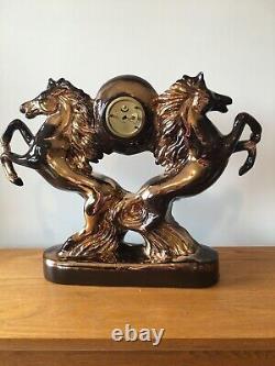 Lg MCM Vintage Mantel Clock Kaiser West Germany 2 Horses Equestrian Gilded