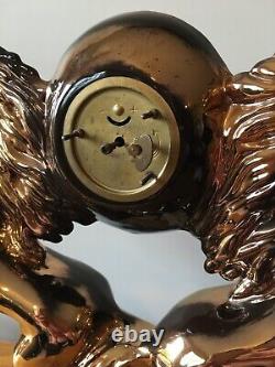 Lg MCM Vintage Mantel Clock Kaiser West Germany 2 Horses Equestrian Gilded