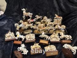 Lot Of 27 Vintage Carousel Collection Porcelain Horses On Wood Or Brass Posts