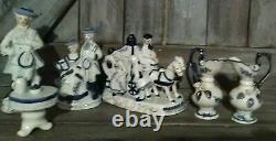 Lot Of 6 Rare set Vintage Blue And White Porcelain Figurines Horse pitcher