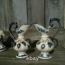 Lot Of 6 Rare set Vintage Blue And White Porcelain Figurines Horse pitcher