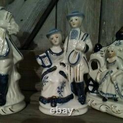 Lot Of 6 Rare set Vintage Blue And White Porcelain Figurines Horse pitcher