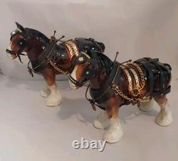 Lowery's of London Pair Of Porcelain Clydesdale 8.5 X 11 X 3.5 Horses withGear