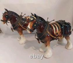 Lowery's of London Pair Of Porcelain Clydesdale 8.5 X 11 X 3.5 Horses withGear