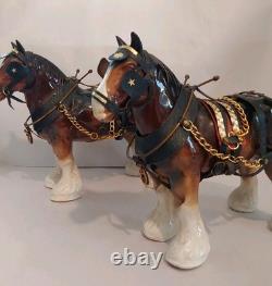Lowery's of London Pair Of Porcelain Clydesdale 8.5 X 11 X 3.5 Horses withGear