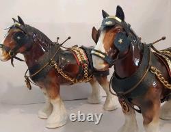 Lowery's of London Pair Of Porcelain Clydesdale 8.5 X 11 X 3.5 Horses withGear