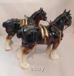 Lowery's of London Pair Of Porcelain Clydesdale 8.5 X 11 X 3.5 Horses withGear
