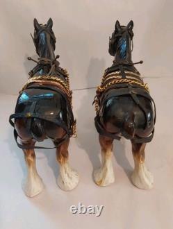 Lowery's of London Pair Of Porcelain Clydesdale 8.5 X 11 X 3.5 Horses withGear