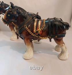 Lowery's of London Pair Of Porcelain Clydesdale 8.5 X 11 X 3.5 Horses withGear