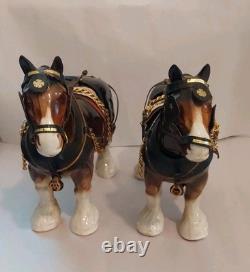 Lowery's of London Pair Of Porcelain Clydesdale 8.5 X 11 X 3.5 Horses withGear