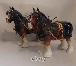 Lowery's of London Pair Of Porcelain Clydesdale 8.5 X 11 X 3.5 Horses withGear