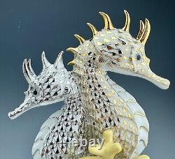 MINT Box HEREND LG SEAHORSE Pair GOLD & PLATINUM Fishnet Sea Horse Figurine