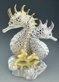 MINT Box HEREND LG SEAHORSE Pair GOLD & PLATINUM Fishnet Sea Horse Figurine