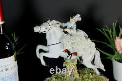 Magnificent Antique porcelain lace capodimonte lady horse figurine statue marked