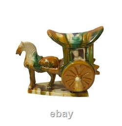 Oriental Tri-Color Green White Yellow Ceramic Horse Cart Art Figure GB656