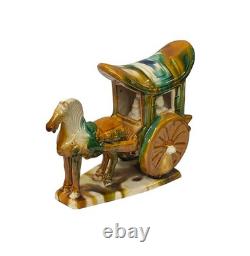 Oriental Tri-Color Green White Yellow Ceramic Horse Cart Art Figure GB656