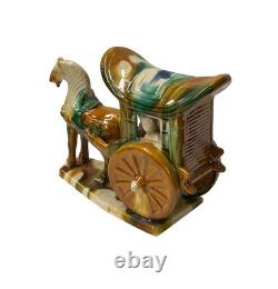 Oriental Tri-Color Green White Yellow Ceramic Horse Cart Art Figure GB656